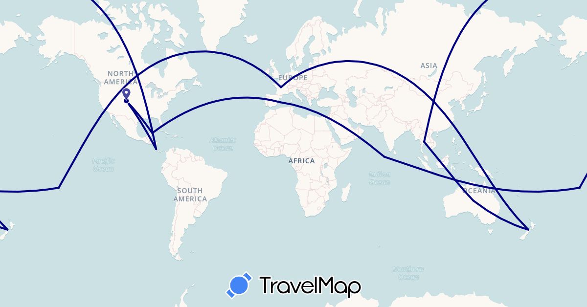 TravelMap itinerary: driving in Australia, Costa Rica, Germany, Spain, France, Maldives, Mexico, New Zealand, Thailand, United States (Asia, Europe, North America, Oceania)
